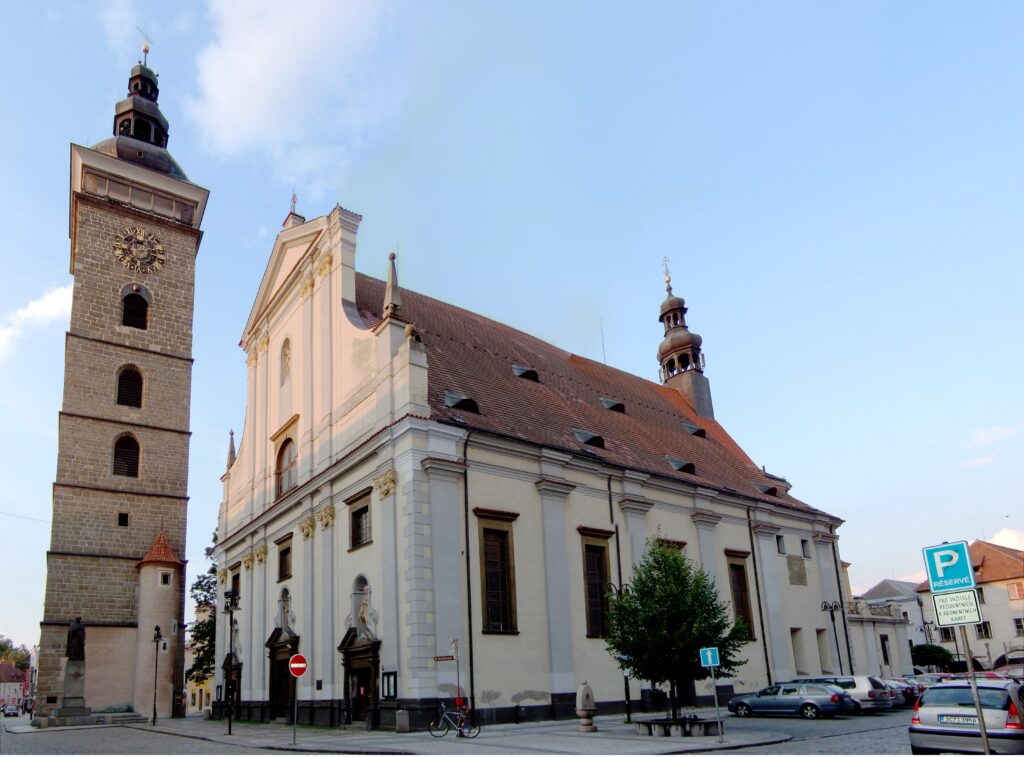 České Budějovice Cathedral of St. Nicholas stands beside the Black Tower.