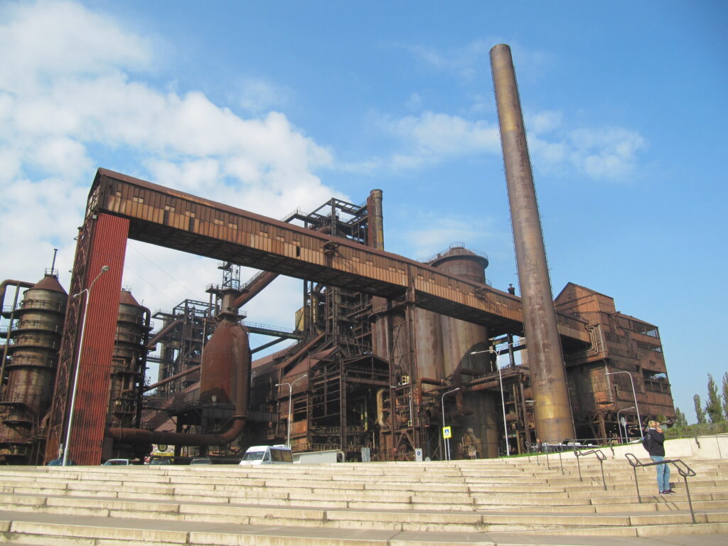 Steps lead up to the dominating ironworks at Dolní Vítkovice, Ostrava.