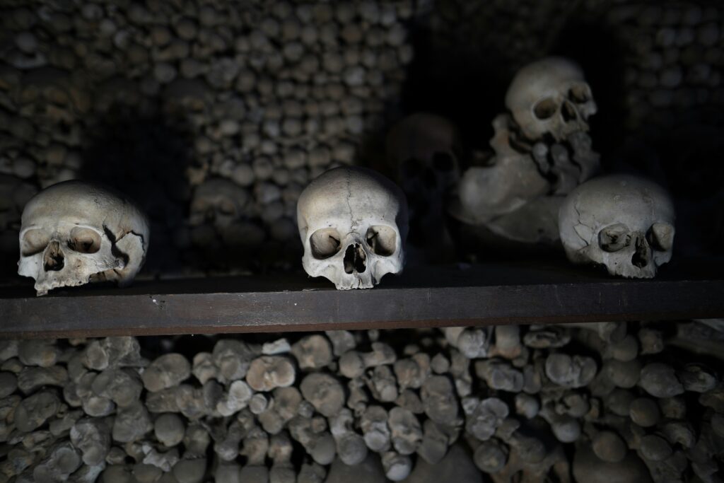 Four skulls rest on piles of bones in the Sedlec Ossuary, Kutná Hora. Wheely Tyred top attractions in Bohemia