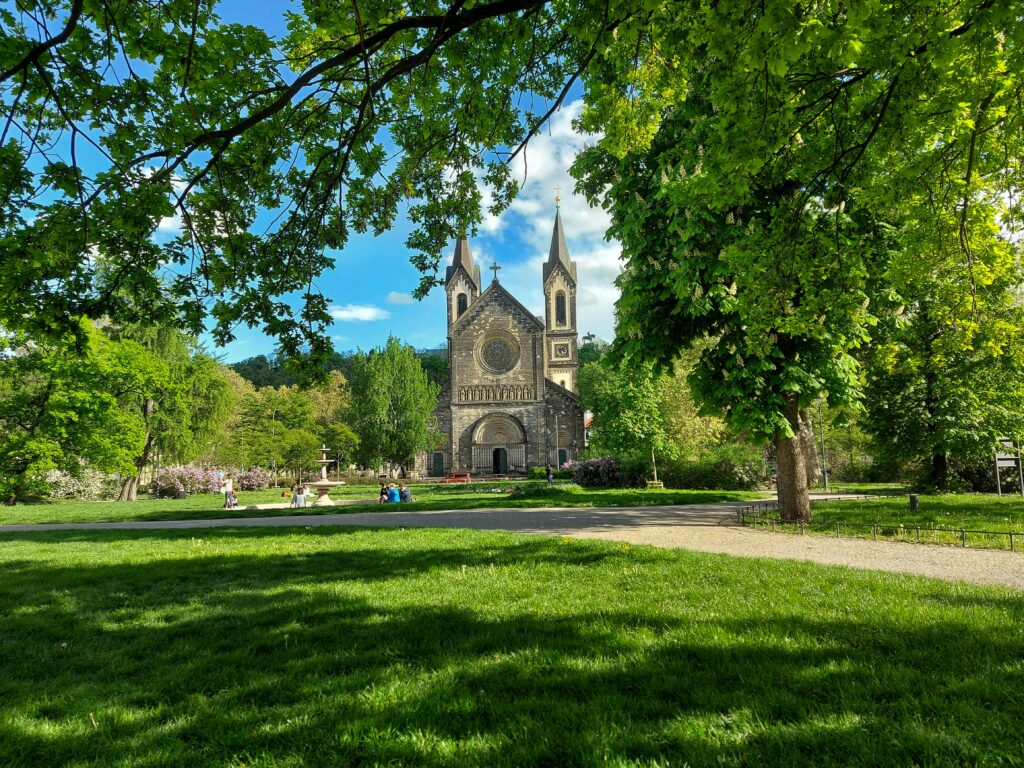 The Church of Saints Cyril and Methodius in a park in Karlin, Prague.