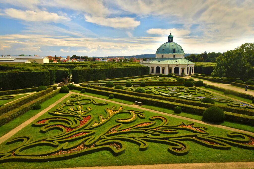 A highly manicured garden with a rotunda in Kroměříž