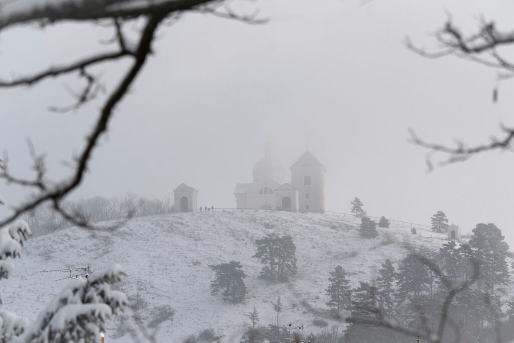 Svatý Kopeček in Mikulov is covered with snow so thick it can barely be seen