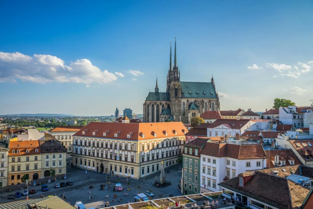 The Cathedral of St. Peter and Paul rises above the old town of Brno on a sunny day. Wheely Tyred Top attractions in Brno