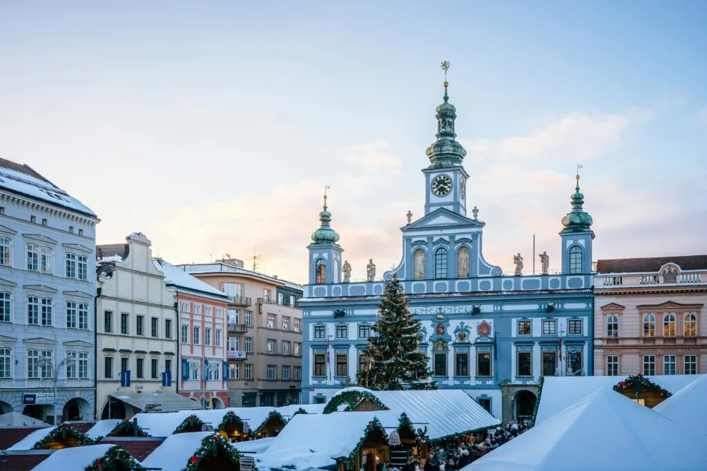 České Budějovice City Hall is a large blue and white building that could almost be a church. It's in Přemysl Otakar II Square.