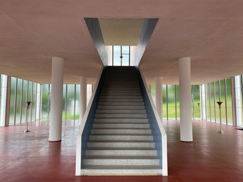 A modern, functionalist staircase in the Bata building in Zlín.