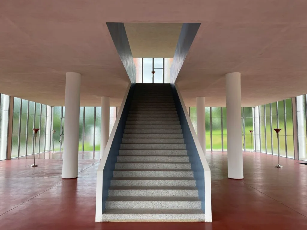 A modern, functionalist staircase in the Bata building in Zlín.