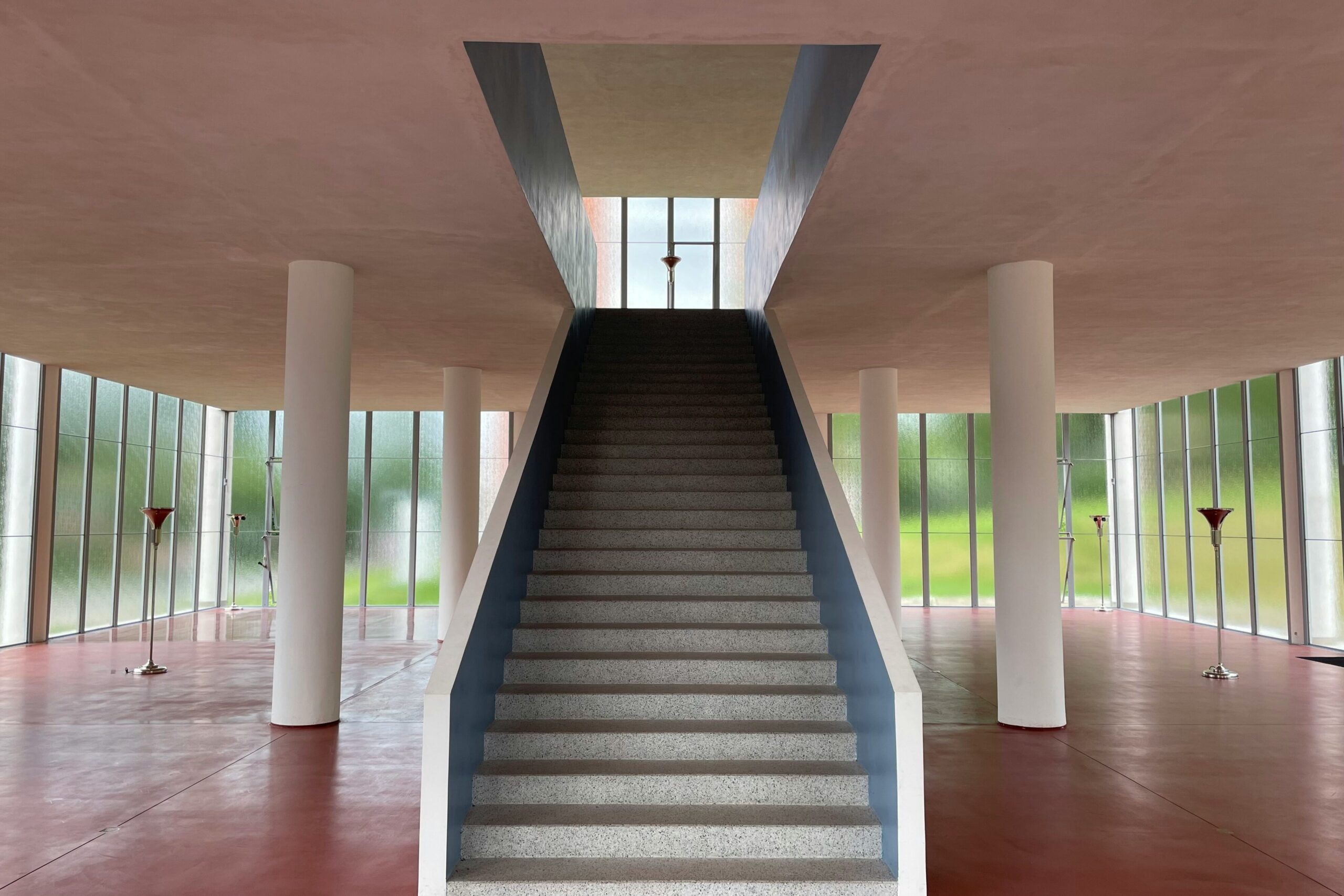 A modern, functionalist staircase in the Bata building in Zlín.