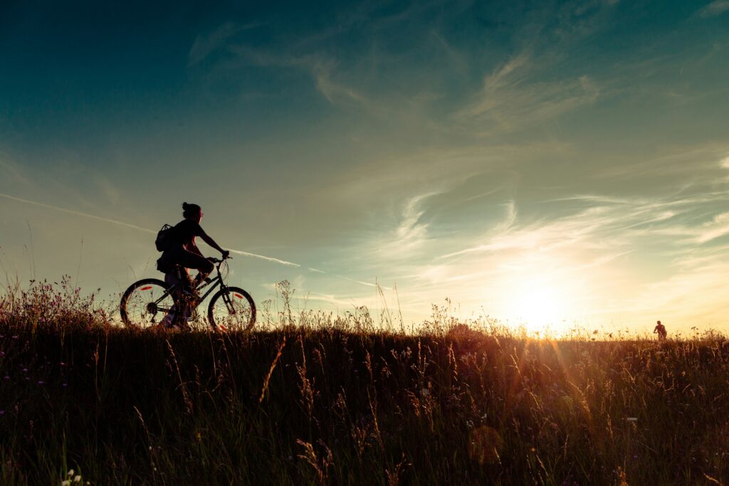 A person rides a bike with a backpack at sunset through a field. They are a silhouette.