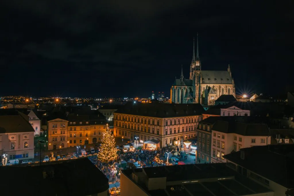The Cathedral of St Peter and Paul towers over Brno at night