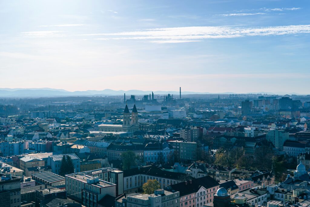 An aeriel view of Ostrava where you can see the blast furnaces of Dolní Vítkovice
