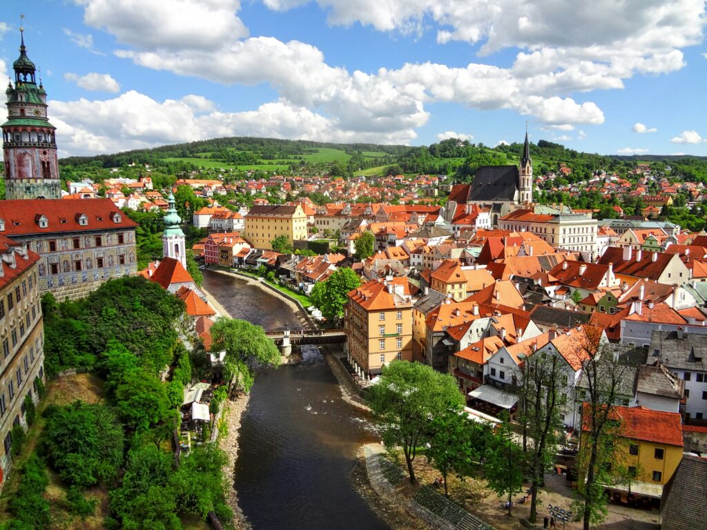 The Vltava Rivers runs through the center of Český Krumlov on a clear day