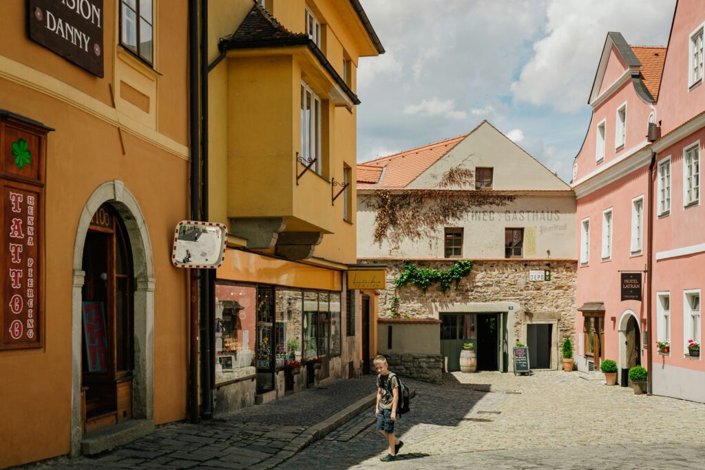 Narrow cobbled streets are surrounded by old buildings