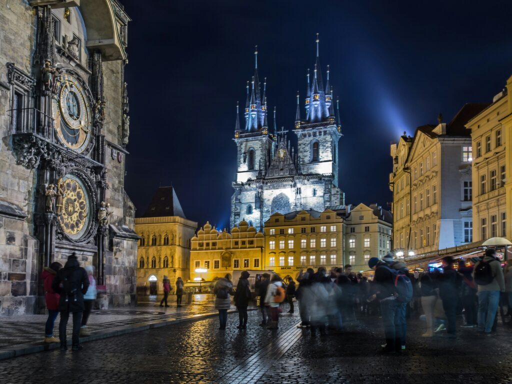 The Astonomical Clock and Church of our Lady of Tyn in Prague Old Town Square. Wheely Tyred top attractions in Prague