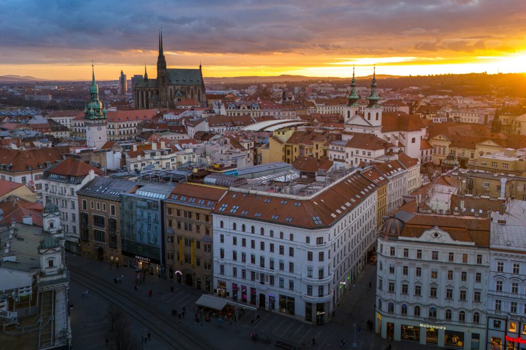 The Brno skyline at sunset, with the Cathedral of St. Peter and Paul domainting it.