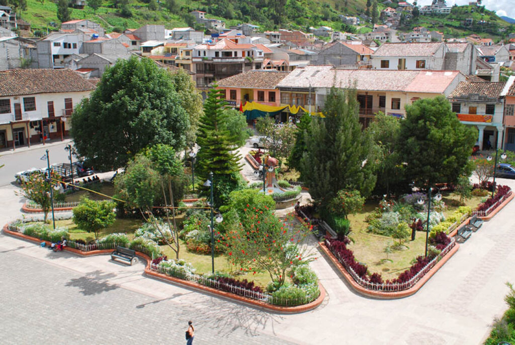 An aerial shot of Chordeleg near Cuenca, Ecuador. The park in the centre is well manicured