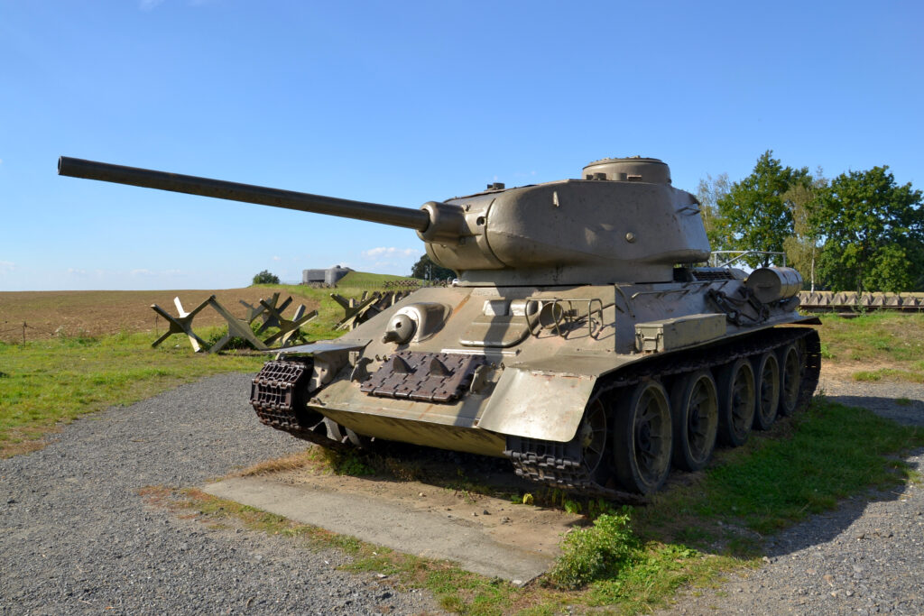 A decommissioned tank sits in a field near Hlučín, Czechia