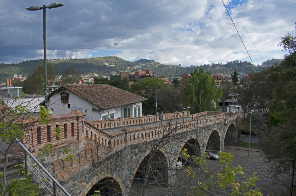 The Puente Roto, or broken Bridge, stretches out to the Tomebamba River where it stops, in Cuenca, Ecuador.