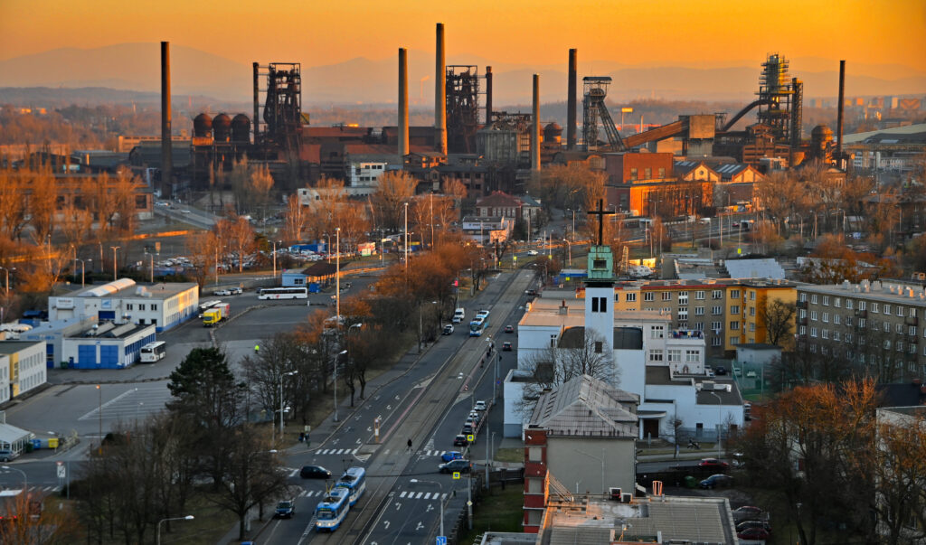 Dolní Vítkovice at sunrise from Tieto Towers in Ostrava, Czechia.