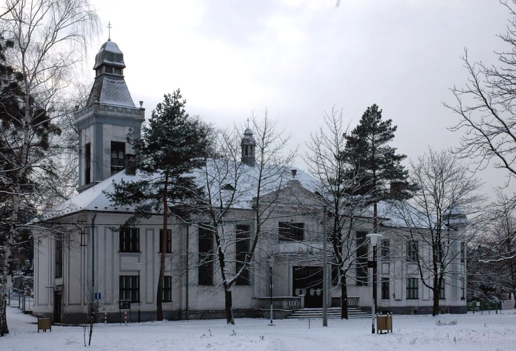 The Hussite church in Ostrava-Michálkovice, Czech Republic, is covered in snow.