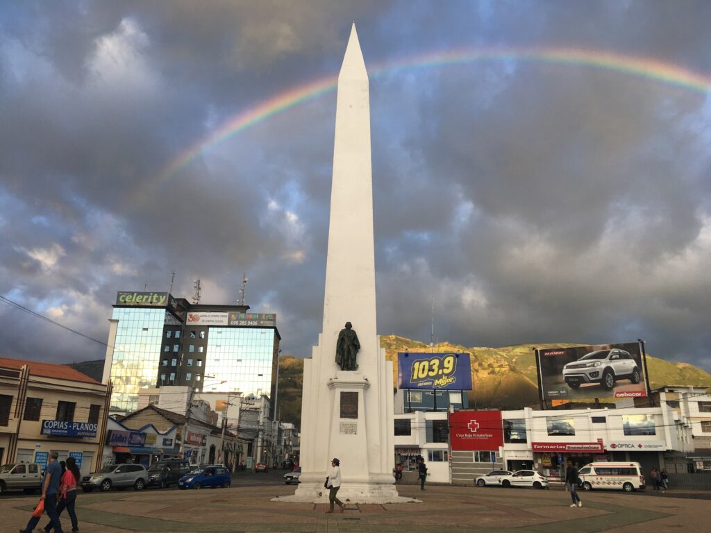 The white obelisk in the town centre. Wheely Tyred Top sights in Ibarra