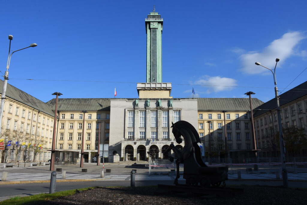 Prokesovo Namesti and the New City Hall tower in Ostrava, Czechia.