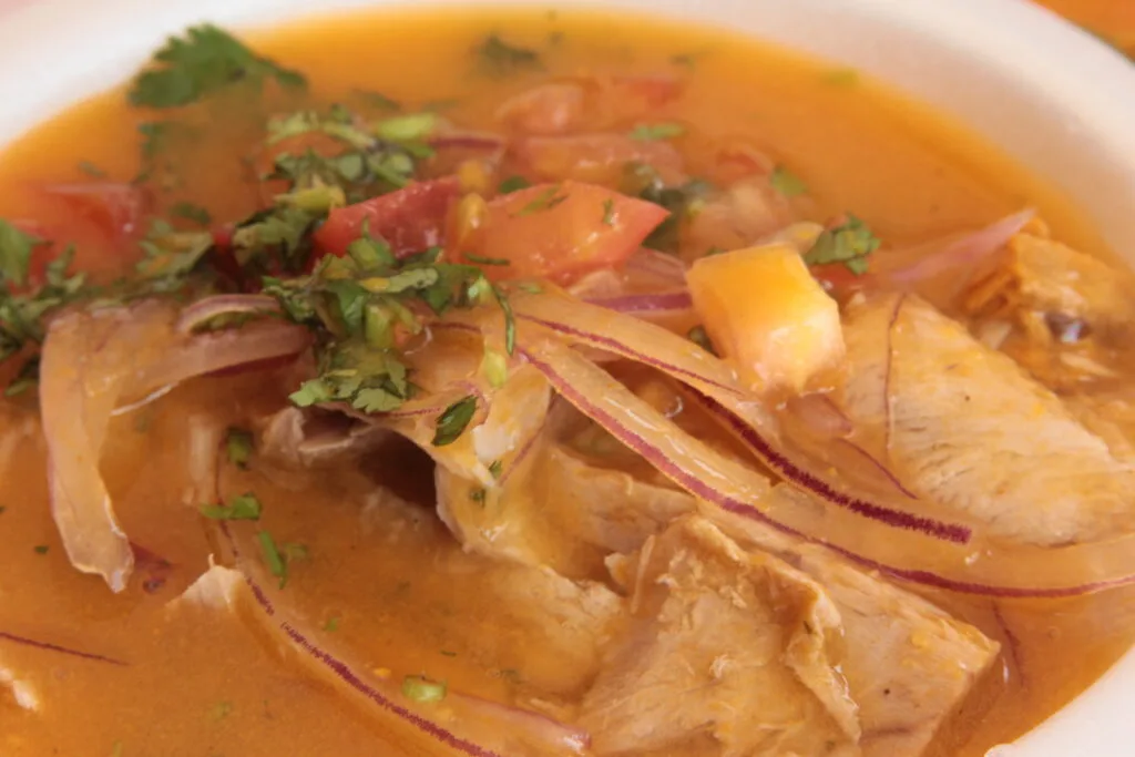 A bowl of encebollado, a spicy onion and fish soup. Wheely Tyred Best food tours in Ecuador
