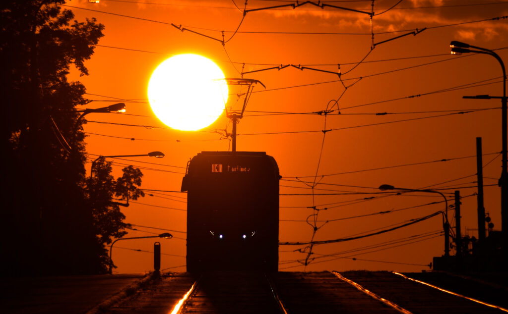 A tram during sunrise at Hulvácký hill, Ostrava.