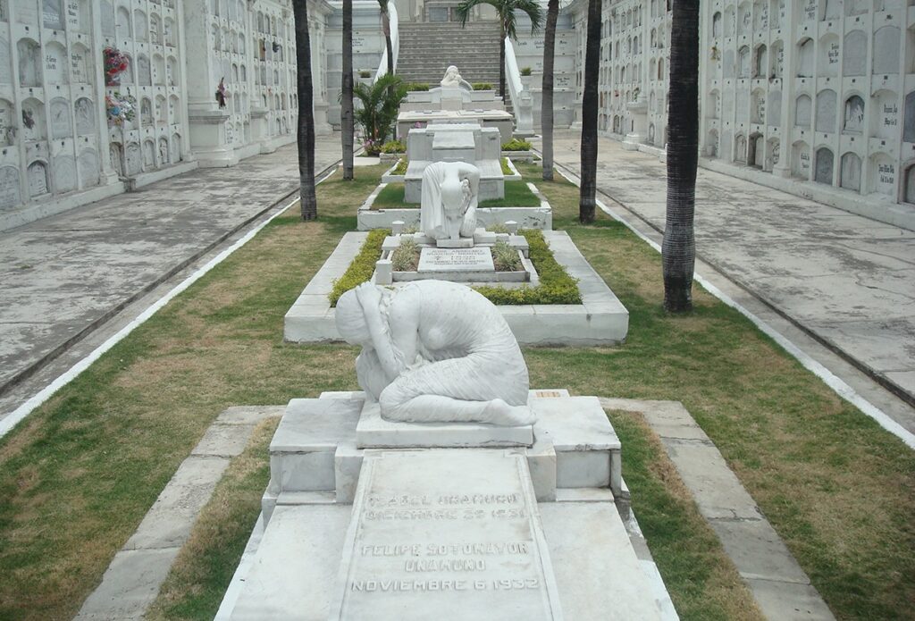 A line of statues in between the graves of Cementerio General, Ecuador. Wheely Tyred Guayaquil’s hidden gems