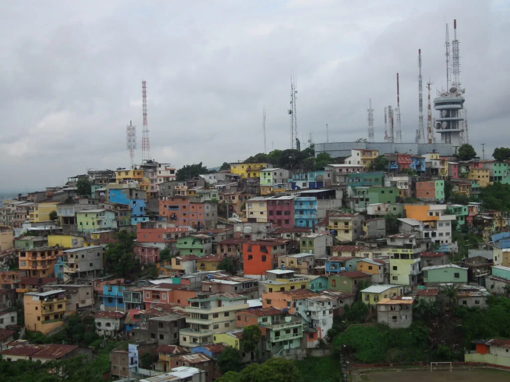 An aerial shot of the colourful houses of Las Peñas in Guayaquil, Ecuador.