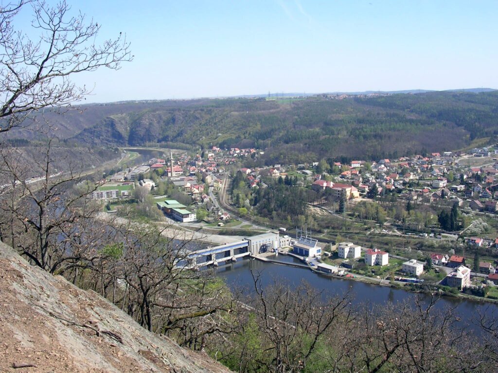 An aerial shot of Vrané nad Vltavou beside the River Vltava in Czechia