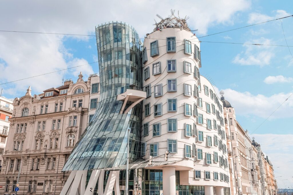 The Dancing House in Prague is a modern piece of architecture that appears to move like a dancer.