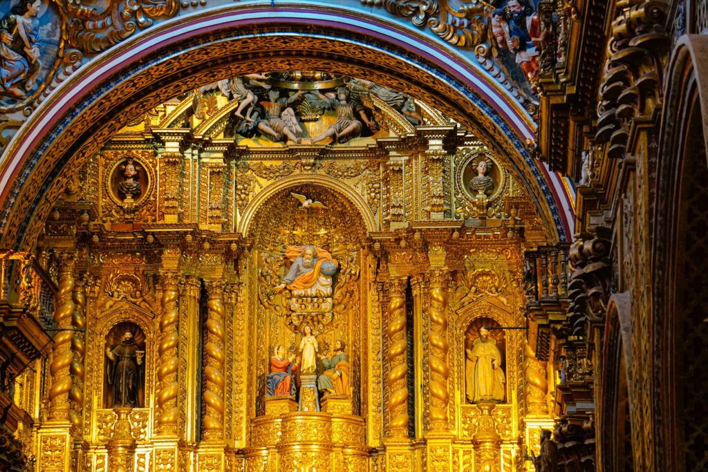A huge golden work of art inside a church in Quito, Ecuador.