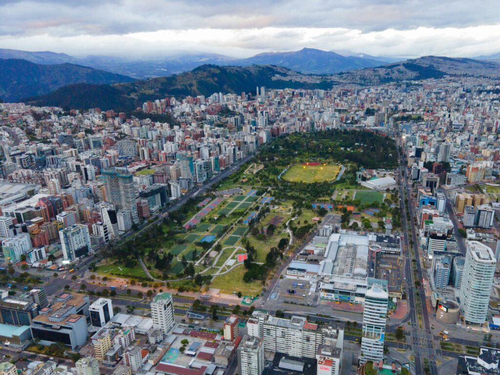 An aerial shot of the huge Parque La Carolina in Quito, Ecuador.