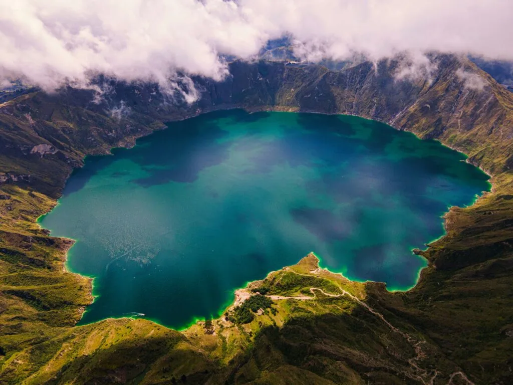 An aerial shot of the crater lake at Quilotoa, Ecuador.