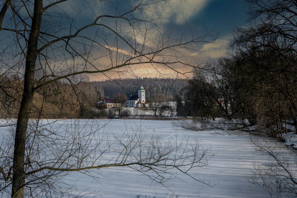 A church in the countryside near Ostrava, Czechia, in winter.
