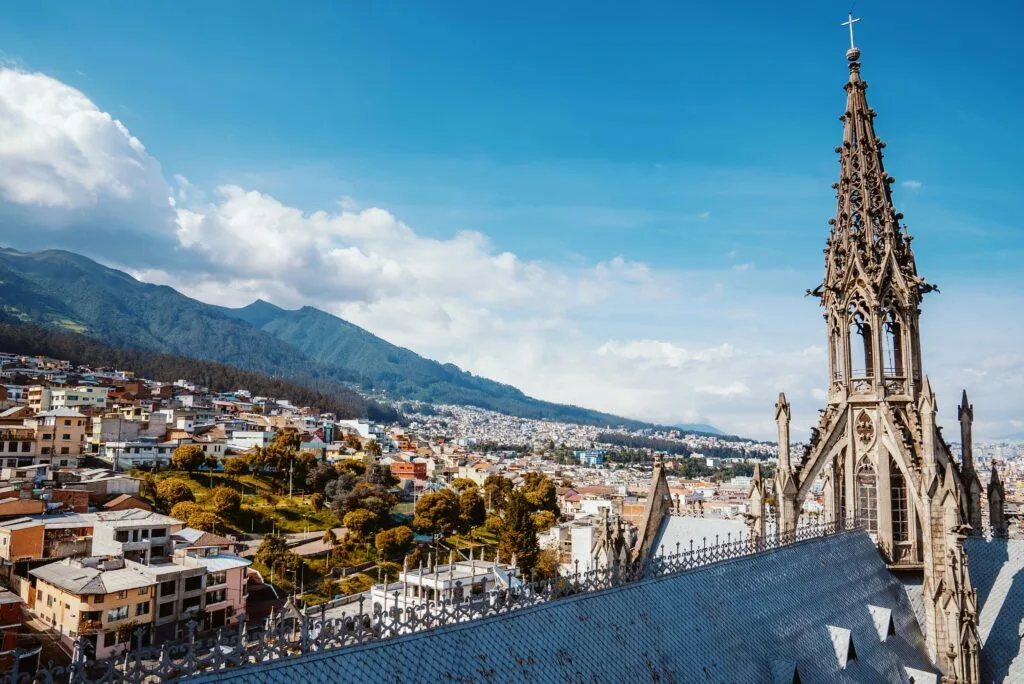 Guagua Pichincha as seen from the top of a church in Quito, Ecuador.