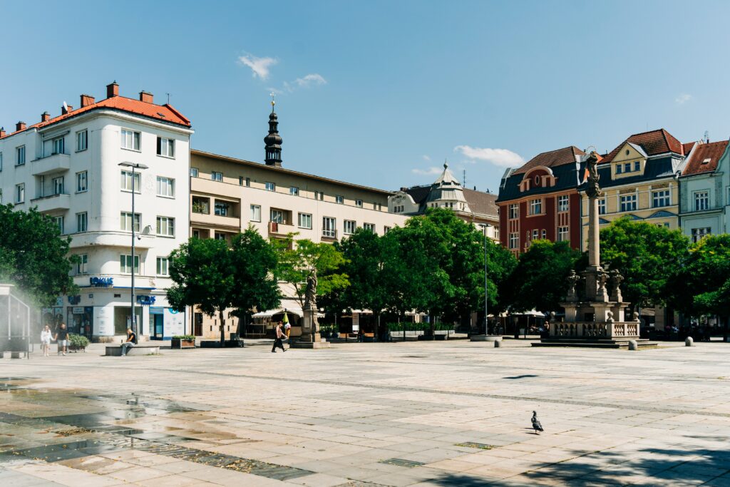 The main square of Ostrava, Czechia, on a sunny day.