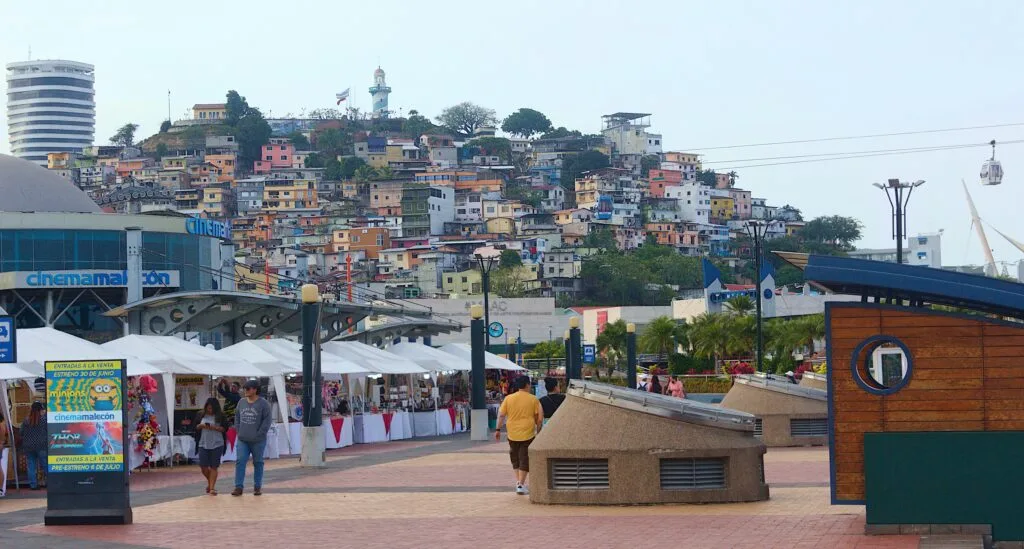 People walk along the Malecón 2000 in Guayaquil, Ecuador.