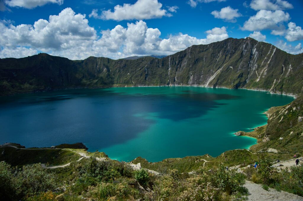 An aerial shot of the crater lake at Quilotoa, Ecuador.
