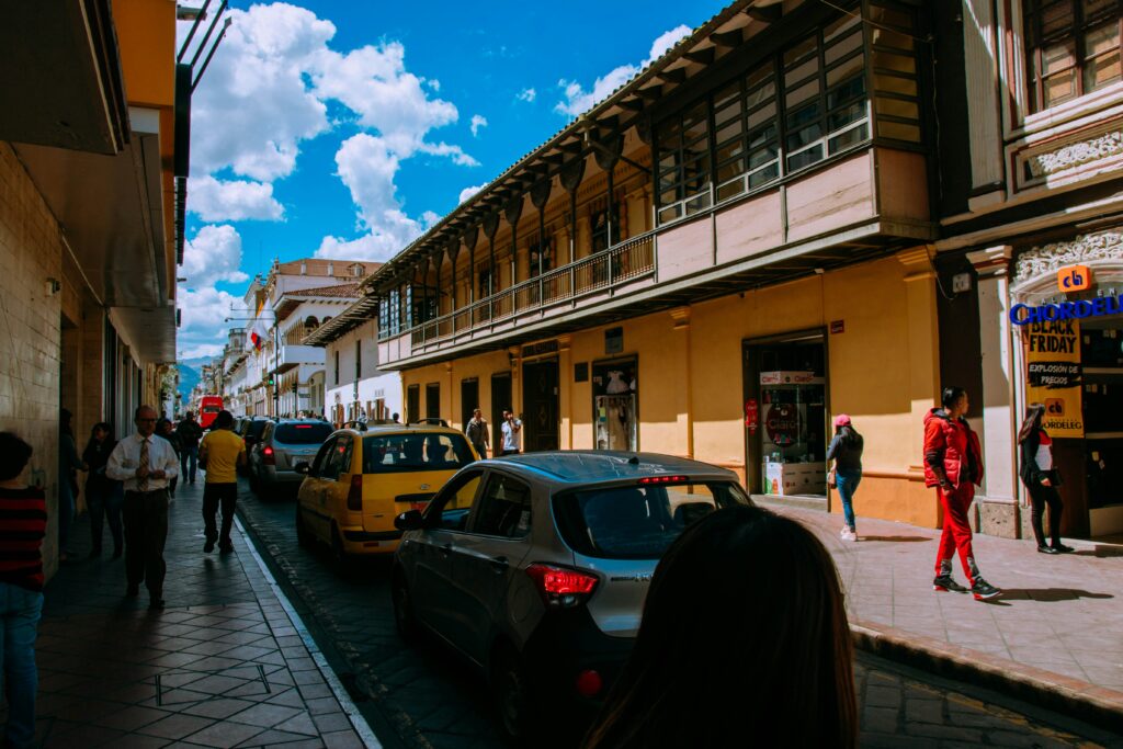 A traffic jam in one of Cuenca's narrow colonial streets.