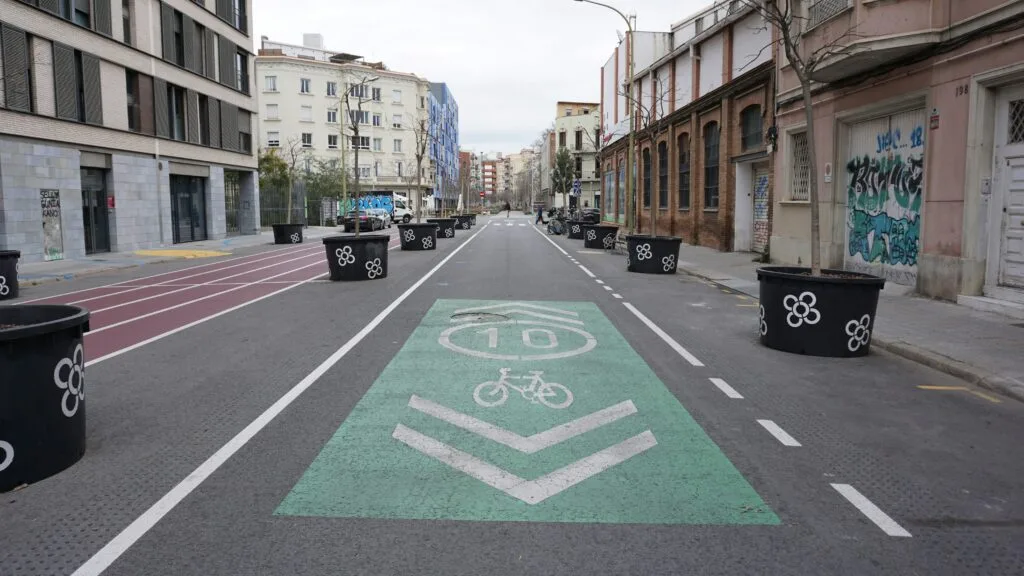 A bike lane runs through a superblock in Barcelona, Spain. Wheely Tyred bike lanes speed up emergency services
