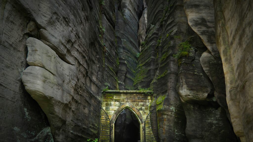 The door of life is built into a rock formation in Adršpach-Teplice, Czechia.