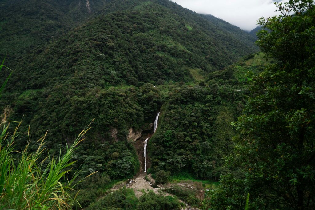 A waterfall tumbles through the forest near Baños, Ecuador.