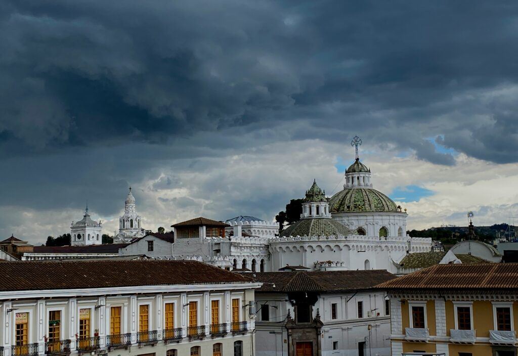Storm clouds gather over the Historic Centre in Quito, Ecuador.
