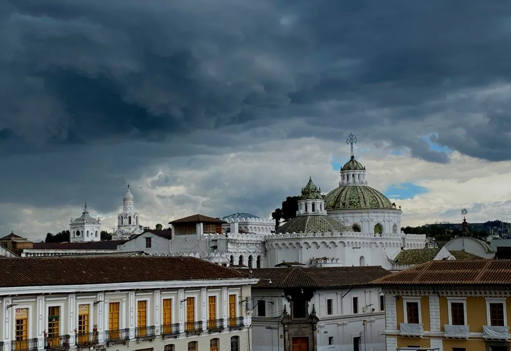Storm clouds gather over the Historic Centre in Quito, Ecuador.