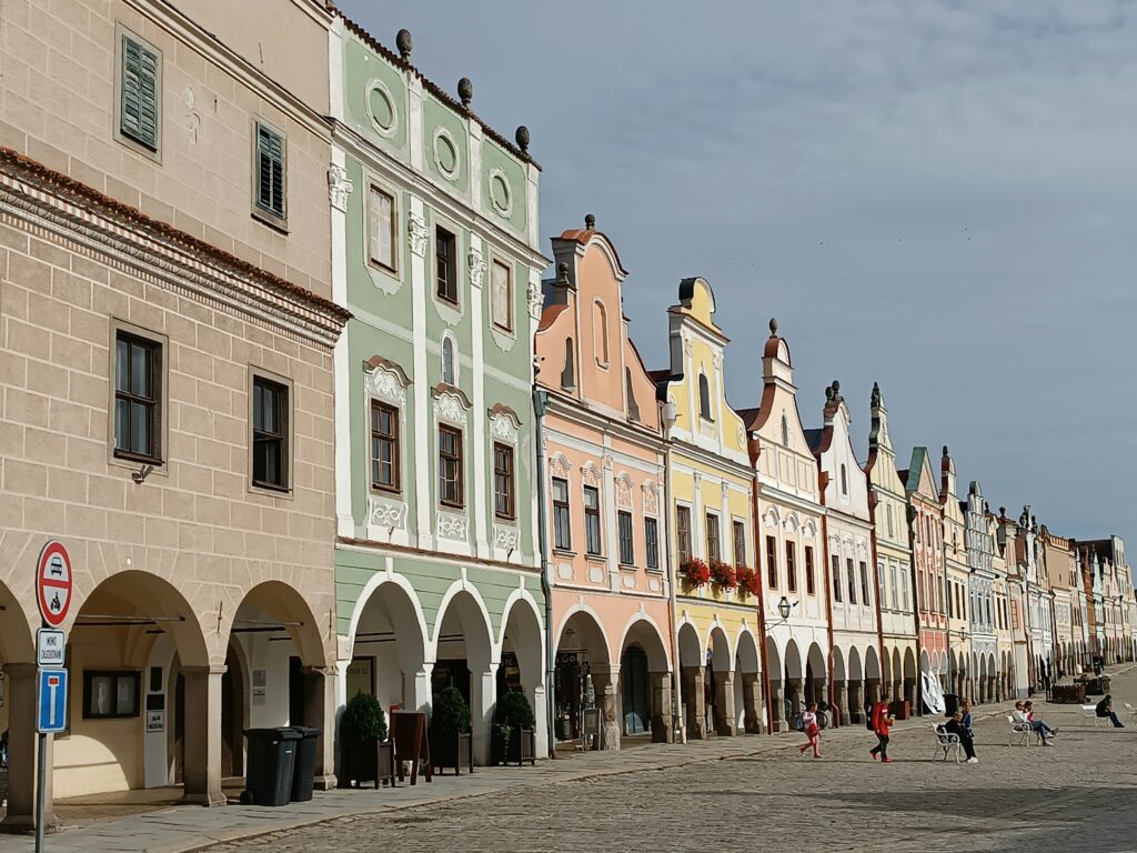 The Renaissance and Baroque houses of Telč, Czechia are painted in multiple pastel colours.