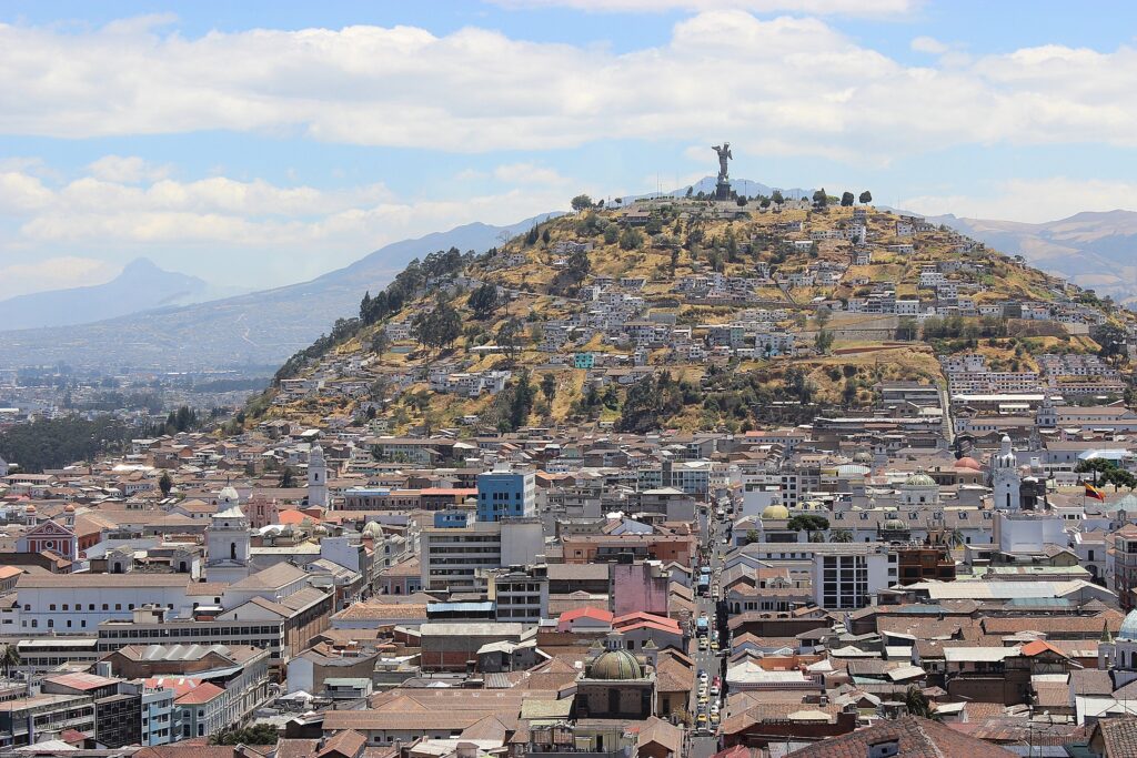 The Virgen of Quito can be seen standing on top of the Panecillo in Quito, Ecuador.