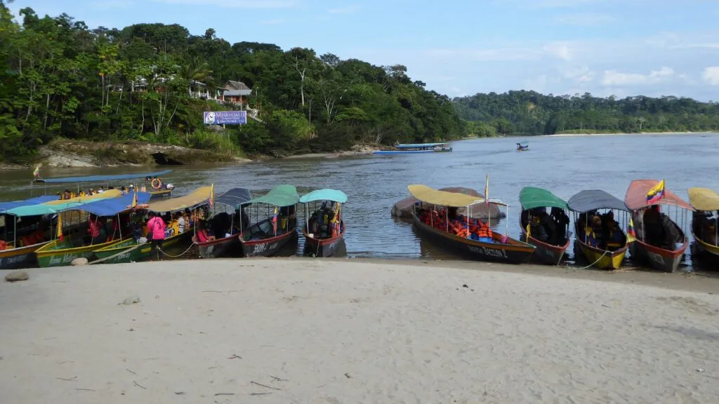 Boats line up on the banks of the Napo River in Misahuallí, Ecuador.