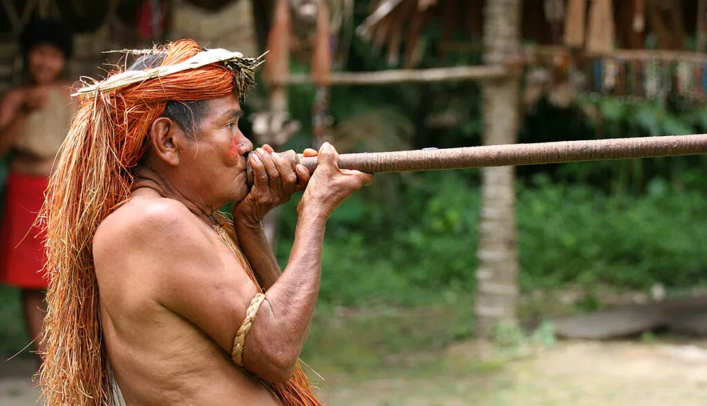 A Yagua (Yahua) tribeman demonstrating the use of blowgun (blow dart), at one of the Amazonian islands near Iquitos, Peru.