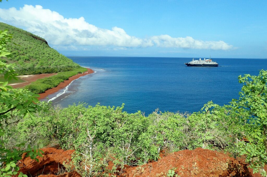 A cruise ship floats in a bay surrounded by bright green foliage on the Galapagos Islands.